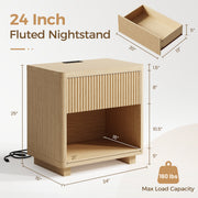 IDEALSOUL Nightstand Set of 2, 24in Fluted Wooden Bedside Tables with Charging Station, Drawer and Open Storage, Natural Oak
