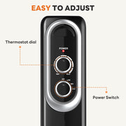 MCQ Basic Electric Oil Filled Radiator, Adjustable Thermostat, Quiet Space Heater, Portable with Casters, Black
