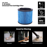 Universal Fine Dust Cartridge Vacuum Filter with Cap, Fits Most 5-18 Gallon Wet/Dry Vacuums, Durable Construction, U08-2566D