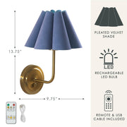 Home Decor Collection Blue Velvet Pleated Wall Sconce, Brushed Brass Base, Integrated LED, Dimmable, USB Rechargeable WK641853
