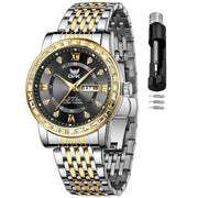 OPK Men's Diamond Luxury Dress Watch, Analog Quartz, 42mm Black Dial, Gold Stainless Steel Band, Water-Resistant 30m, Date Display WA-K-G8174GJ-JH