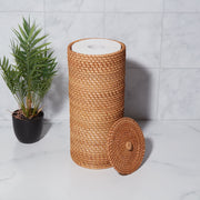 Better Homes & Gardens Floor Standing Toilet Paper Holder with Lid, Rattan, Honey Color, Holds Four Rolls