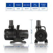 OYO WATER Submersible Pond Waterfall Pump, 8300 GPH, 520W, Quiet Operation, IPX8 Rated, 32.8FT Cord, with Barrier Pump Bag, PE8300
