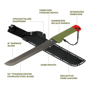 Swiss Tech Hacken Tactical Machete, 18-Inch Titanium-Coated Stainless Steel Sawtooth Blade, Green Rubber Handle, D31386