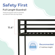 Furniture of America Veric Kids Twin Over Twin Low Profile Bunk Bed, Black Metal Frame, Noise-Reduction Slats, Reversible Ladder