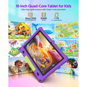 FITIFUN Kids Tablet M10, 10.1 Inch HD Display, Android 15, Quad-Core Processor, 12GB RAM, 64GB Storage, 1TB Expandable, 6000mAh Battery, Purple
