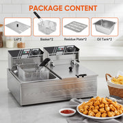 Daluvenix Commercial Dual Tank Electric Deep Fryer, 12L Capacity, 5000W, Stainless Steel, Adjustable Temperature Control, Includes 2 Frying Baskets, DA-KI02057