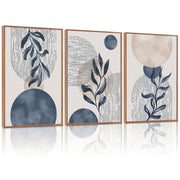 TOARTi Boho Plant Wall Art Set of 3, Blue Framed Canvas, Abstract Geometric Botanical Prints, 16x24 in