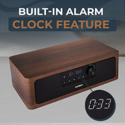 SoundBeast Stereo Shelf System, 7-in-1 Audio with CD Player, Bluetooth, FM Radio, USB Playback, Aux and Optical Inputs, Alarm Clock, Brown, CD25