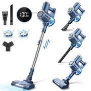 PrettyCare Cordless Stick Vacuum Cleaner, 30Kpa Suction, 2600mAh Battery, 6-in-1 Lightweight Upright, HEPA Filtration, LED Display, Blue, W200
