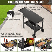 PARGRILL Two-Shelf Folding Grill Cart Table, Heavy-Duty Carbon Steel, Rust-Resistant, Pull-Out Side Table, Large Wheels, Compatible with 17
