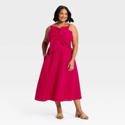 A New Day 94978524 Women's Constructed Flower Midi Dress, Cotton-Linen Blend, Dark Pink, Adjustable Waistband, L
