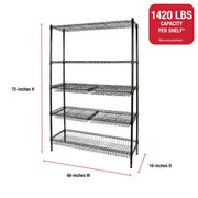 Rubbermaid 85030B 5-Tier Deluxe Heavy Duty Black Wire Shelving Unit with Drawers and Basket, 1520 lb Capacity, 48 in W x 16 in D x 72 in H