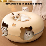 Nouveau Haven Felt Cat Cave Bed, Donut Cat House with Tunnel, Zipper Removable, Washable, Breathable Beige