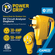 Camco Power Grip RV Power Adapter, 18-Inch, 30-Amp Male to 50-Amp Female, Integrated Surge Protection, Circuit Analyzer Dogbone, Yellow, 55460