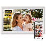 NUSICAN Digital Photo Frame, 64GB, 15.6 Inch 1920x1080P FHD Touch Screen, WiFi with Phone App Sharing, Auto Rotate, Wall Mountable, White