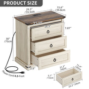 Dextrus Farmhouse Nightstand with Built-In Charging Station, 3 Drawers, Antique White