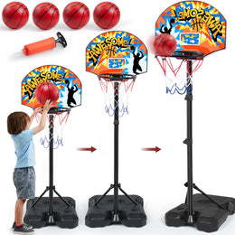 JOYFY Adjustable Kids Basketball Hoop with 4 Inflatable Balls, Height Adjustable 2.8 Ft to 6.2 Ft, Sturdy Triangular Base, Indoor and Outdoor Basketball Set for Ages 3 to 8