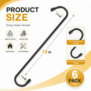 RYLZX 6 Pack 12 Inch Large Heavy Duty Iron S Hooks, Black Rubber Caps, Multipurpose Hanging Hooks - Material: Iron