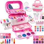 Adofi Ad-Makeup-BOX-PK Kids Makeup Kit, 57-Piece Washable Non-Toxic Pretend Play Cosmetic Set, Pink, For Girls Age 3-12