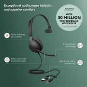 Jabra Evolve2 40 SE Wired Mono Noise-Cancelling Headset with 3-Microphone Call Technology, USB-C/A Cable, Black