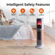 Mr. Brands Comfort Zone 25-Inch Oscillating Tower Space Heater with 3D Flame Effect, Adjustable Thermostat, Dual Heat Settings, Remote Control, Timer, White