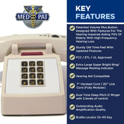Med-Pat D2600C Retro Corded Deskset Phone with Volume Plus Button, Hearing Aid Compatible, Braille Locator, Beige