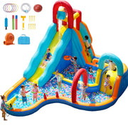 Patbrela Inflatable Water Slide Bounce House, 12-in-1 Water Park with Extra Long Slide, Deep and Shallow Pools, Basketball Hoop, Climbing Walls, Blue