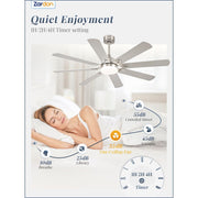Zardon 62 in Nickel Modern Ceiling Fan with Light, Remote Control, Reversible Quiet DC Motor, 6-Speed, Timer, LED Lighting, Dual-Finish Blades