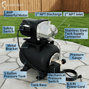 LANCHEZ Shallow Well Water Transfer Pump, 1.6 HP, Stainless Steel, Matte Black, 1340 GPH, 115V, With 5-Gallon Pressure Tank
