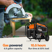 Generac GP6500 Portable Gas Generator, 8125 Starting Watts, 6500 Running Watts, PowerRush Technology, COsense Carbon Monoxide Detection, 10.5 Hour Runtime, Heavy Duty Steel Frame, Orange and Black, 76802