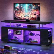 Pinmoco LED TV Stand for TVs up to 70 in, High Gloss Black Gaming Entertainment Center with Adjustable Glass Shelves, Built-in LED Lighting, PS5 Storage