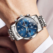 OLEVS Mens Casual Quartz Chronograph Watch, Blue Dial, Two-Tone Stainless Steel Bracelet, Luminous Hands, 30m Water Resistant
