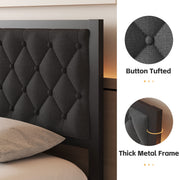 Lifezone Queen Bed Frame with Tufted Linen Upholstered Headboard, Metal Support, No Box Spring Needed, Grey