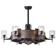 Warehouse of Tiffany Lodgin Faux-Wood 35-Inch 6-Light Ceiling Fan Fandelier with Glass Pillar Lamps, Remote Control, Black Finish, CFL-8399FI