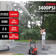 PowerSmart Pressure Washer, 3400 PSI, 2.5 GPM, 212cc Gas Engine, Cold Water, 5 Quick-Adjustable Nozzles, 27FT Hose, 10-Inch All-Terrain Wheels, DL1034A