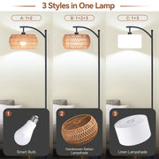 SUNMORY 63 in Dimmable Arc Floor Lamp with 3-in-1 Rattan and Linen Drum Shades, Black, Boho Farmhouse Style, 9W LED SR000026_BK