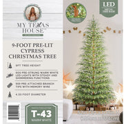 My Texas House 9' Pre-Lit Cypress Green Artificial Christmas Tree with 600 Warm White Twinkle LED Lights and Stand