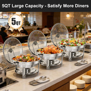 Bluebow 4 Pack Chafing Dish Buffet Set, 5QT Stainless Steel Food Warmer with Glass Lid and Holder, Silver Finish