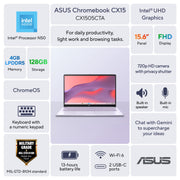 ASUS Chromebook CX15 Laptop, 15.6 in FHD NanoEdge Display, Intel Processor N50, 4GB RAM, 128GB SSD, ChromeOS, Pastel Purple