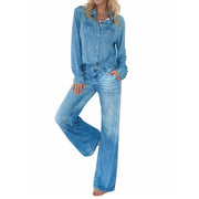 Womens Denim Pajamas Set, Soft Stretch Milk Silk and Spandex Fabric, Relaxed Fit Top, Flowing Lounge Pants
