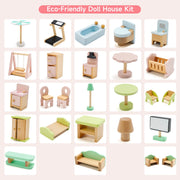Bruce & Shark T011-015 Wooden Dollhouse 3-Story with Balcony and 23 Kitchen Accessories for Kids Ages 3 and Up