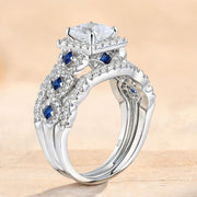 Newshe Jewellery 3.5 Ct Moissanite Bridal Ring Set, Princess Cut, 925 Sterling Silver, Blue Sapphire, Size 10