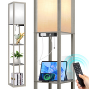 OUTON Floor Lamp with Shelves and Charging, 63.7'' Dimmable Standing Tall Wood Shelf Lamp with Remote for Living Room
