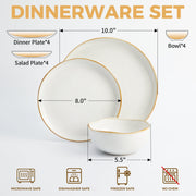 Pokini 12-Piece Stoneware Dinnerware Set with Reactive Glaze Finish, White, Service for 4