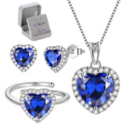 Juwaliy Sapphire Heart Jewelry Set with Blue Sapphire September Birthstone, 925 Sterling Silver Necklace, Earrings, Adjustable Ring