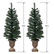 Holiday Time Pre-Lit Artificial Porch Christmas Trees, Set of 2, 3.5 ft, Green, 35 Warm White LED Lights, 90 Branch Tips, Plastic Planter Bases