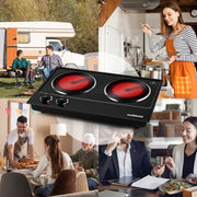 CUSIMAX Electric Hot Plate Double Burner, 1800W Infrared, Ceramic Glass Surface, Stainless Steel, Portable Countertop Stove