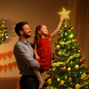 Qoosea Christmas Tree Topper, Glitter Champagne Gold Star with Built-in LED Lights, Stable Base, Holiday Decoration