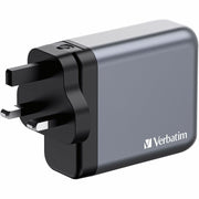 Verbatim 140W 4-Port GaN Wall Charger with USB-C PD and USB-A QC, Foldable US Prongs, Replaceable EU and UK Plugs, Black/Gray, 32203